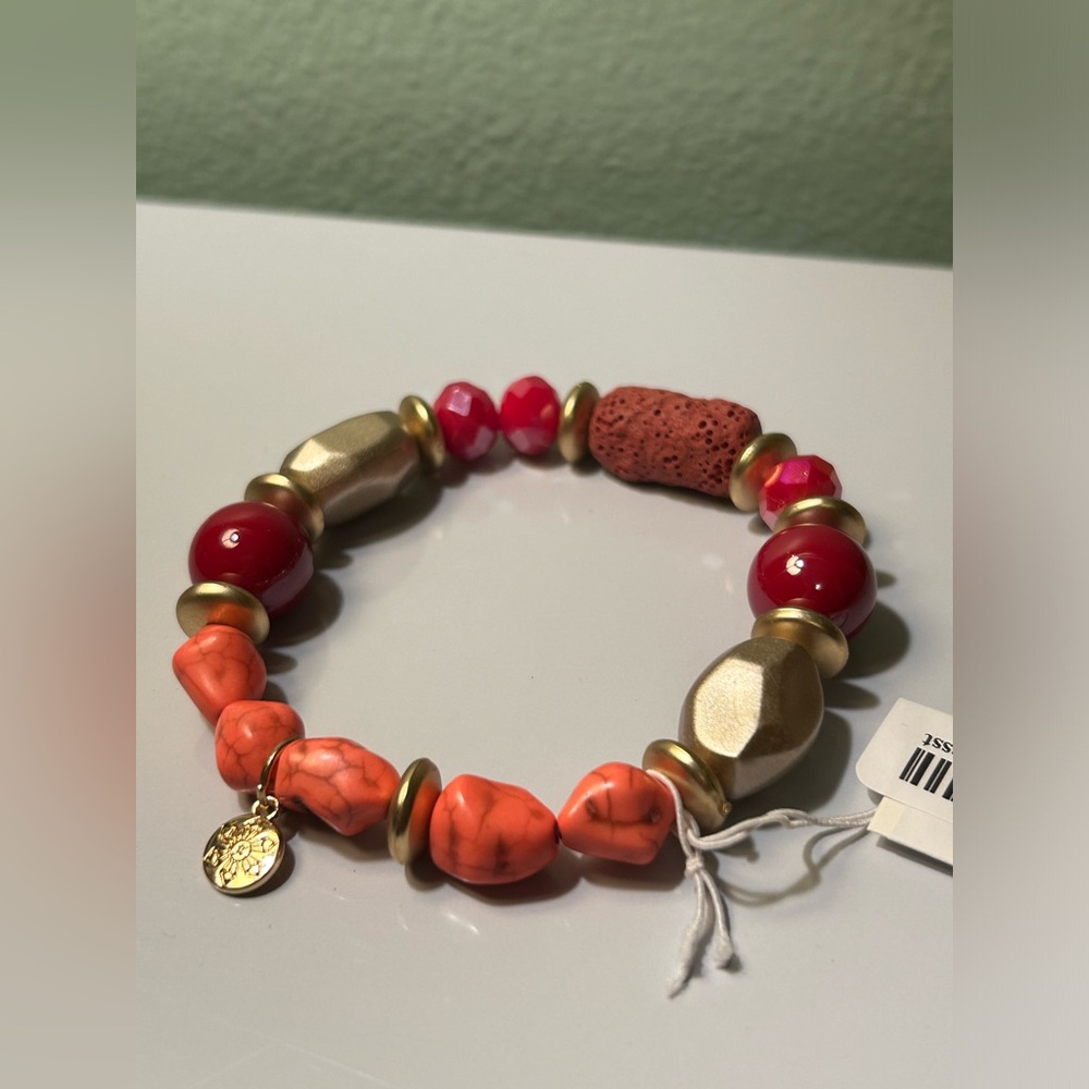 NWT Red and Gold Lava Stone Beaded Bracelet